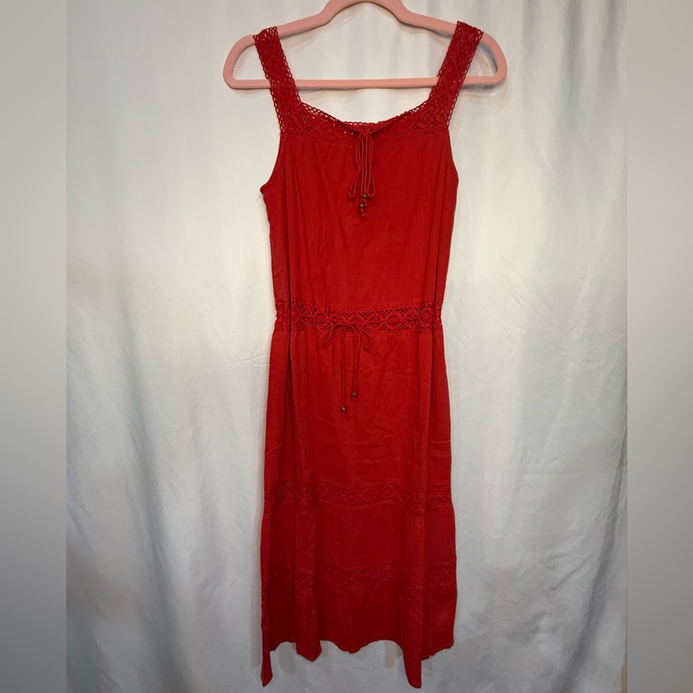 NWT Cotton Chaudry KC Red Boho Midi Dress with Beaded Tassels Size Small